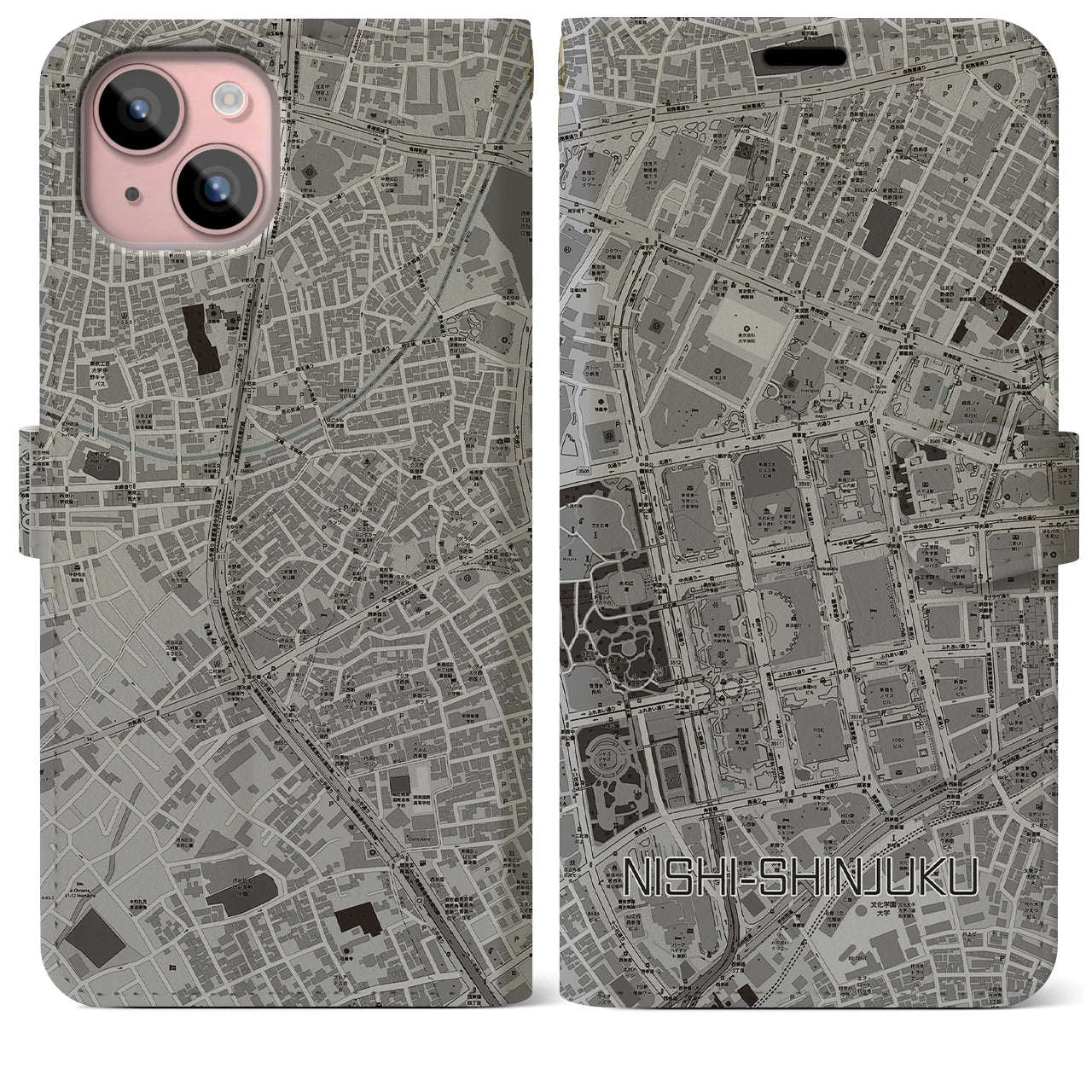 【西新宿(東京都)】地図柄iPhoneケース(手帳タイプ)モノトーン・iPhone 15 Plus 用