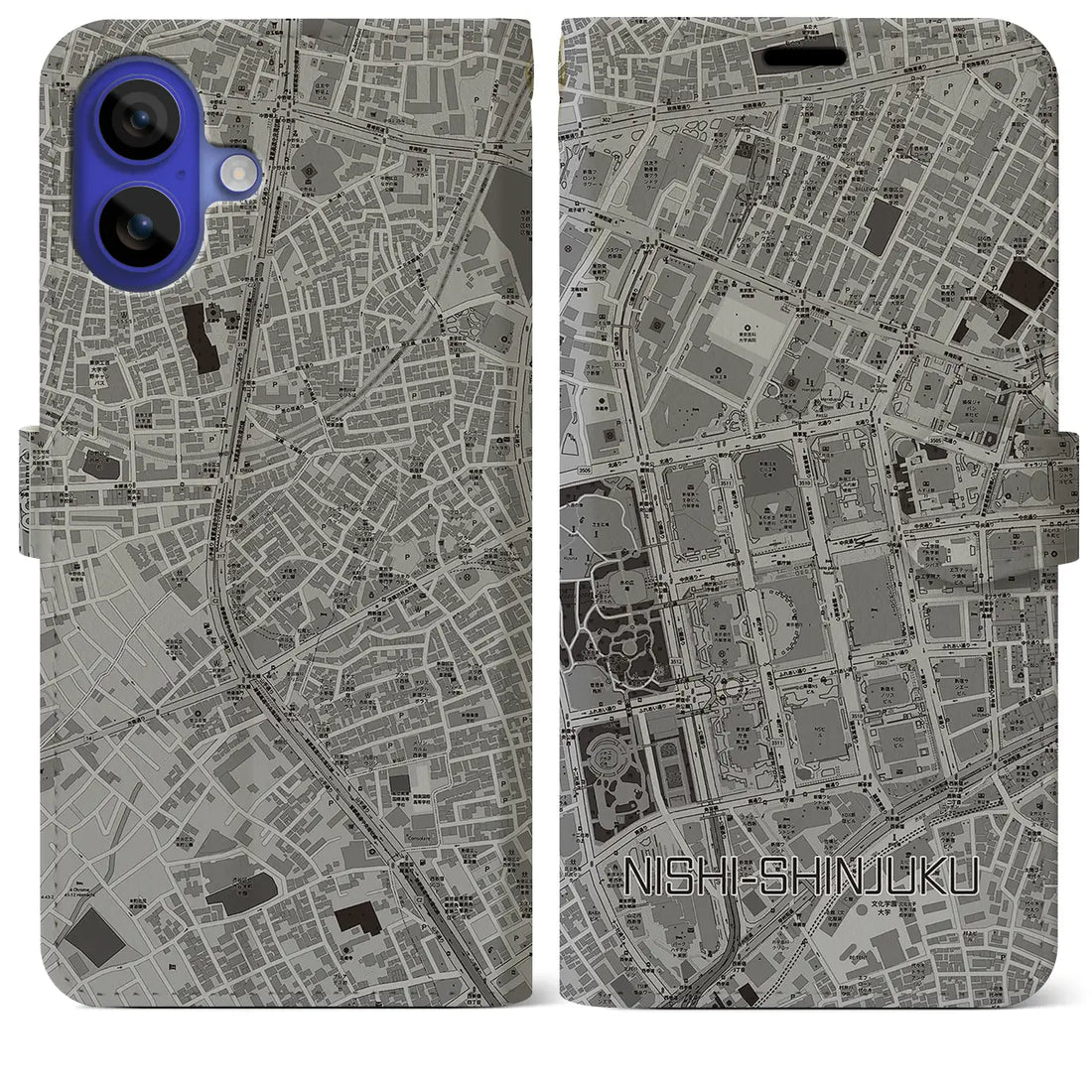 【西新宿(東京都)】地図柄iPhoneケース(手帳タイプ)モノトーン・iPhone 16 Pro Max 用