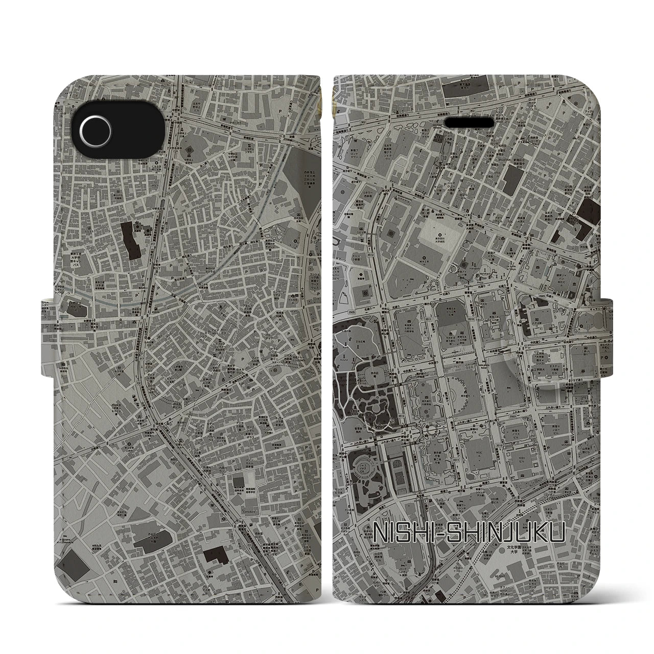 【西新宿(東京都)】地図柄iPhoneケース(手帳タイプ)モノトーン・iPhone SE(第3 / 第2世代) / 8 / 7 / 6s / 6 用