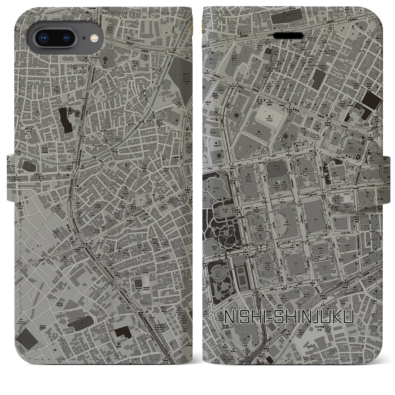 【西新宿(東京都)】地図柄iPhoneケース(手帳タイプ)モノトーン・iPhone 8Plus /7Plus / 6sPlus / 6Plus 用