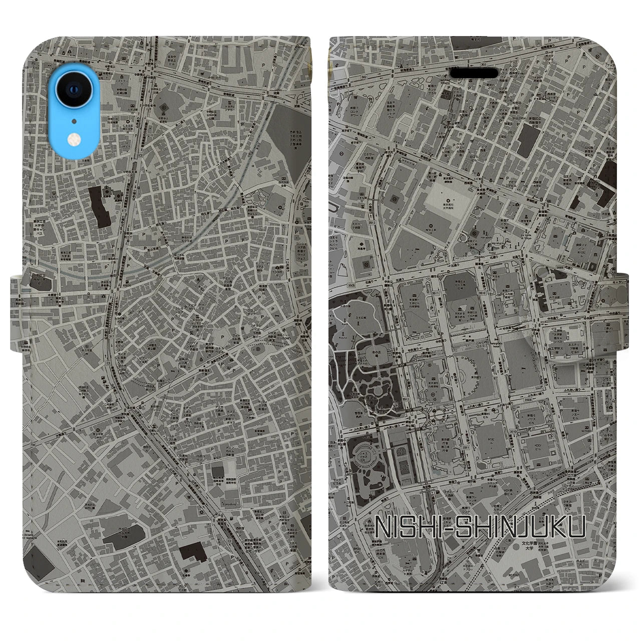 【西新宿(東京都)】地図柄iPhoneケース(手帳タイプ)モノトーン・iPhone XR 用