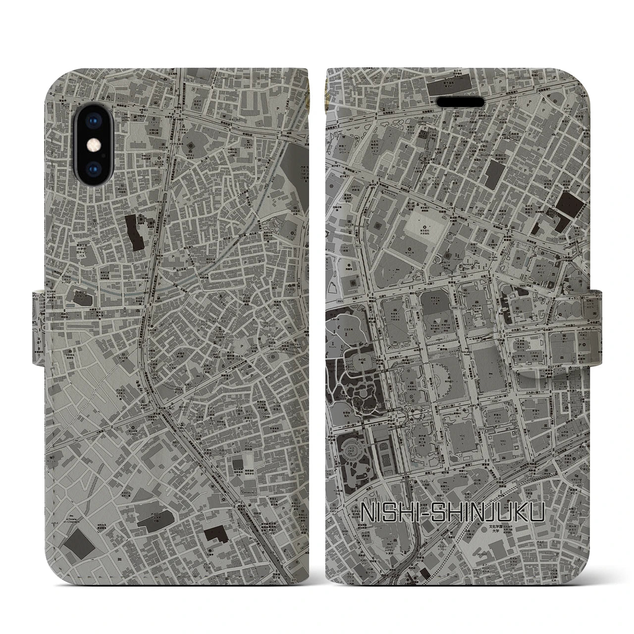 【西新宿(東京都)】地図柄iPhoneケース(手帳タイプ)モノトーン・iPhone XS / X 用