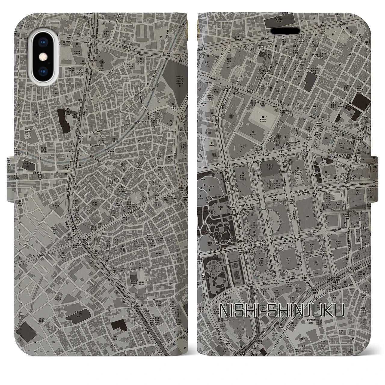 【西新宿(東京都)】地図柄iPhoneケース(手帳タイプ)モノトーン・iPhone XS Max 用