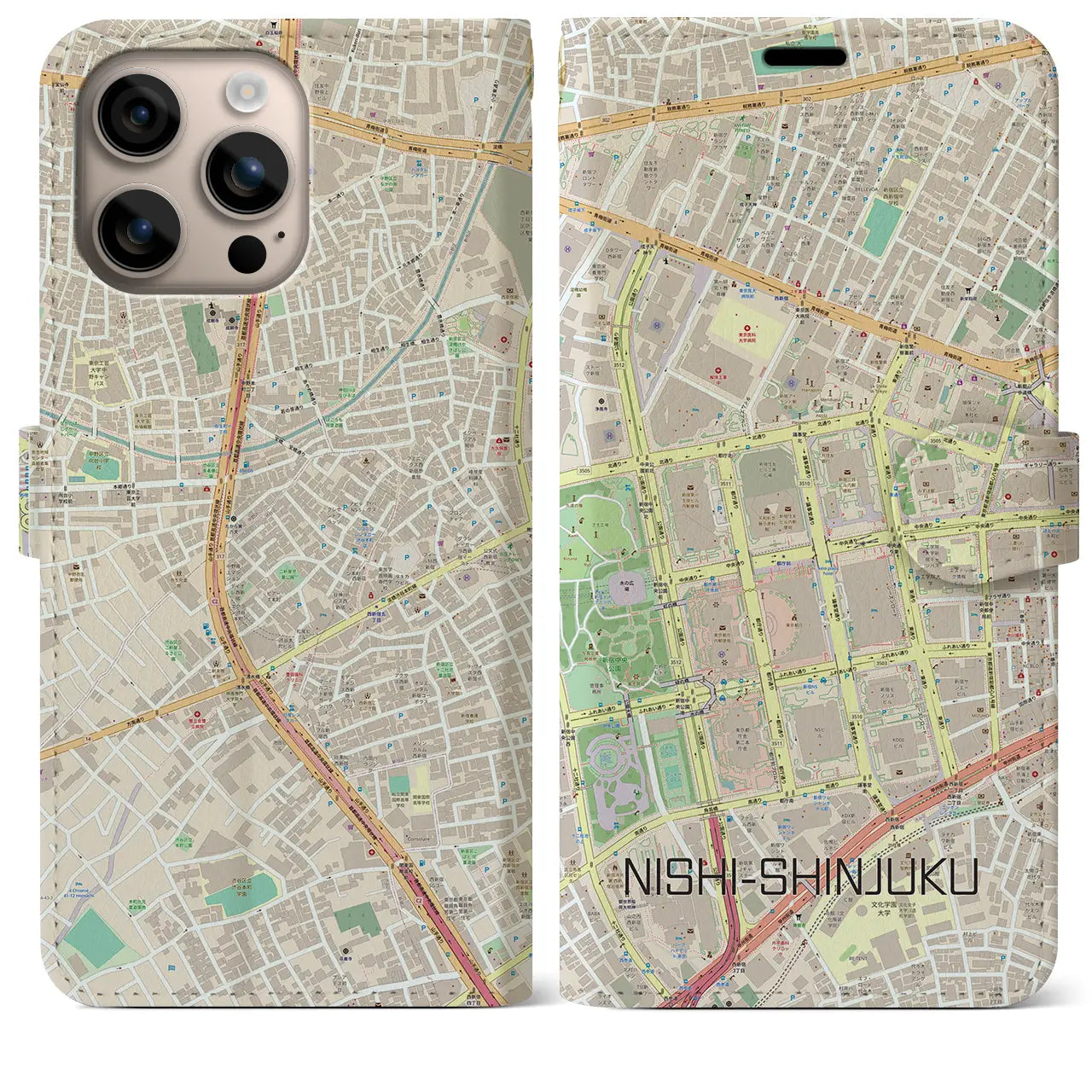 【西新宿(東京都)】地図柄iPhoneケース(手帳タイプ)ナチュラル・iPhone 16 Plus 用