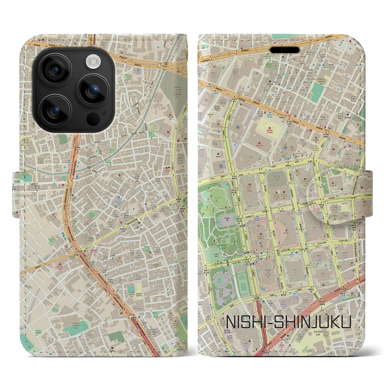 【西新宿(東京都)】地図柄iPhoneケース(手帳タイプ)ナチュラル・iPhone 16 用