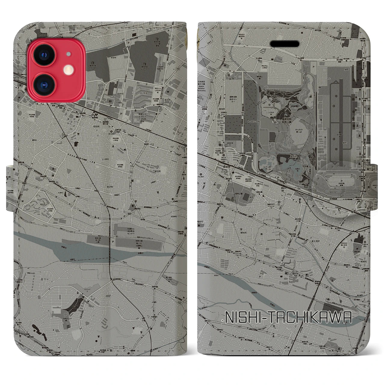 【西立川(東京都)】地図柄iPhoneケース(手帳タイプ)モノトーン・iPhone 11 用