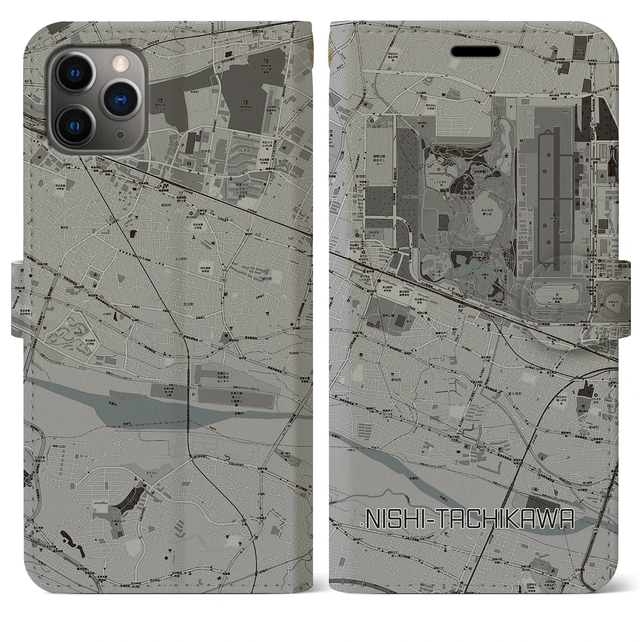 【西立川(東京都)】地図柄iPhoneケース(手帳タイプ)モノトーン・iPhone 11 Pro Max 用