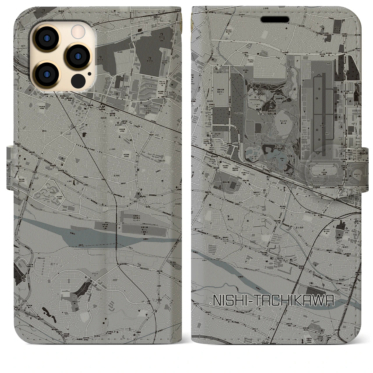 【西立川(東京都)】地図柄iPhoneケース(手帳タイプ)モノトーン・iPhone 12 Pro Max 用