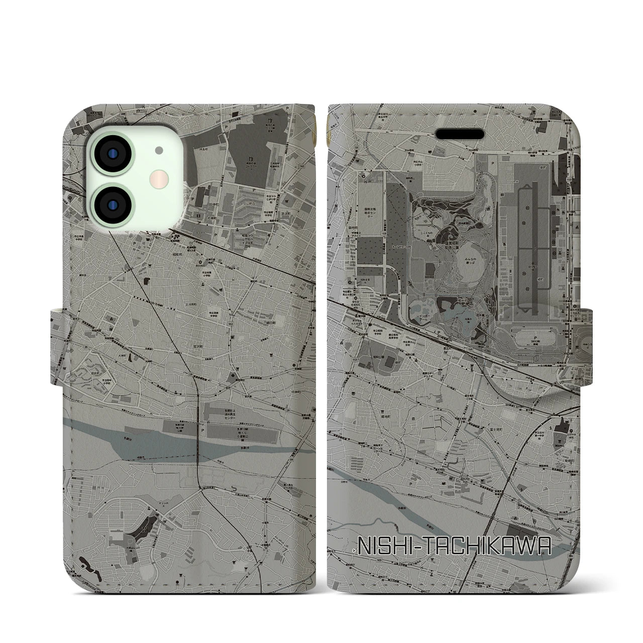 【西立川(東京都)】地図柄iPhoneケース(手帳タイプ)モノトーン・iPhone 12 mini 用