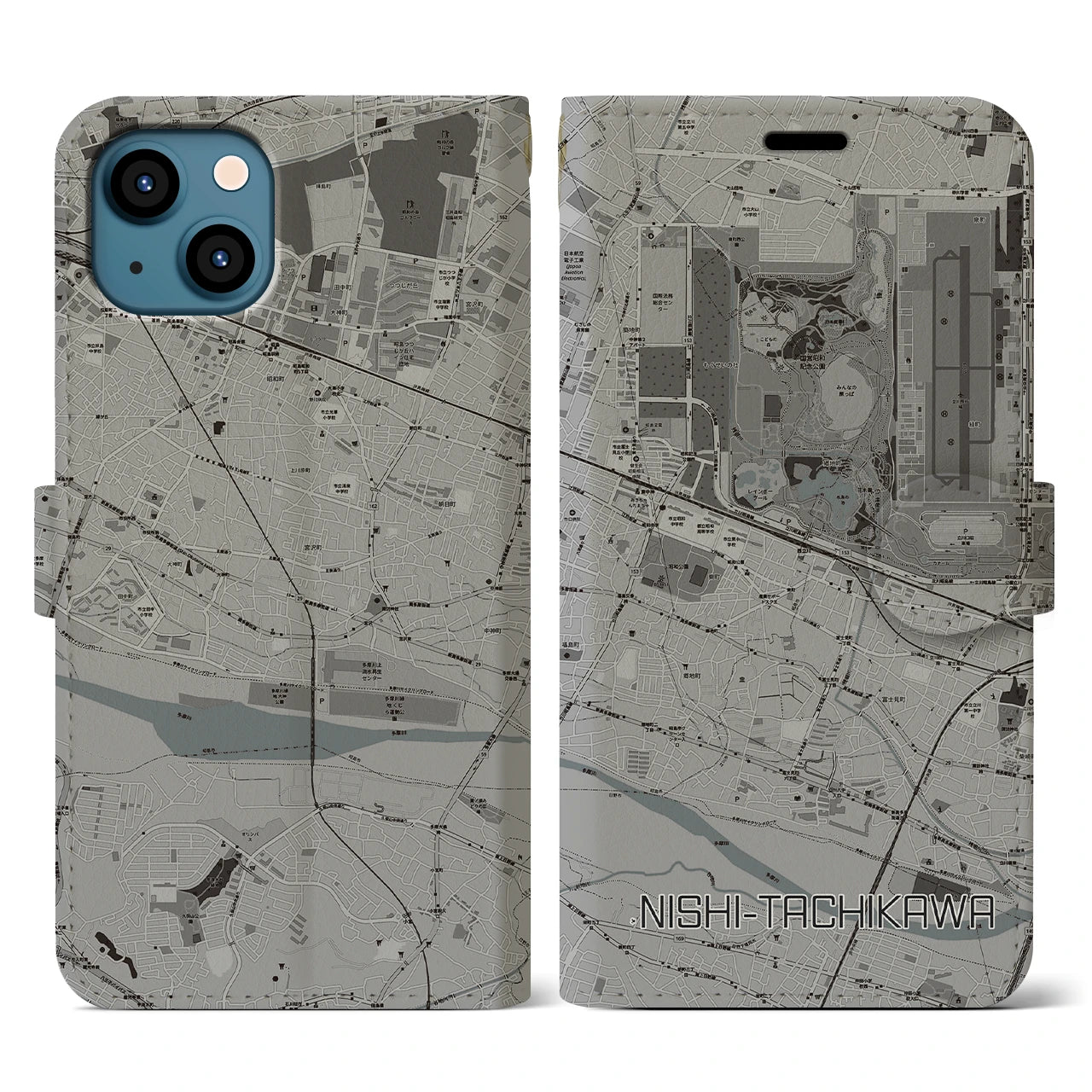 【西立川(東京都)】地図柄iPhoneケース(手帳タイプ)モノトーン・iPhone 13 用