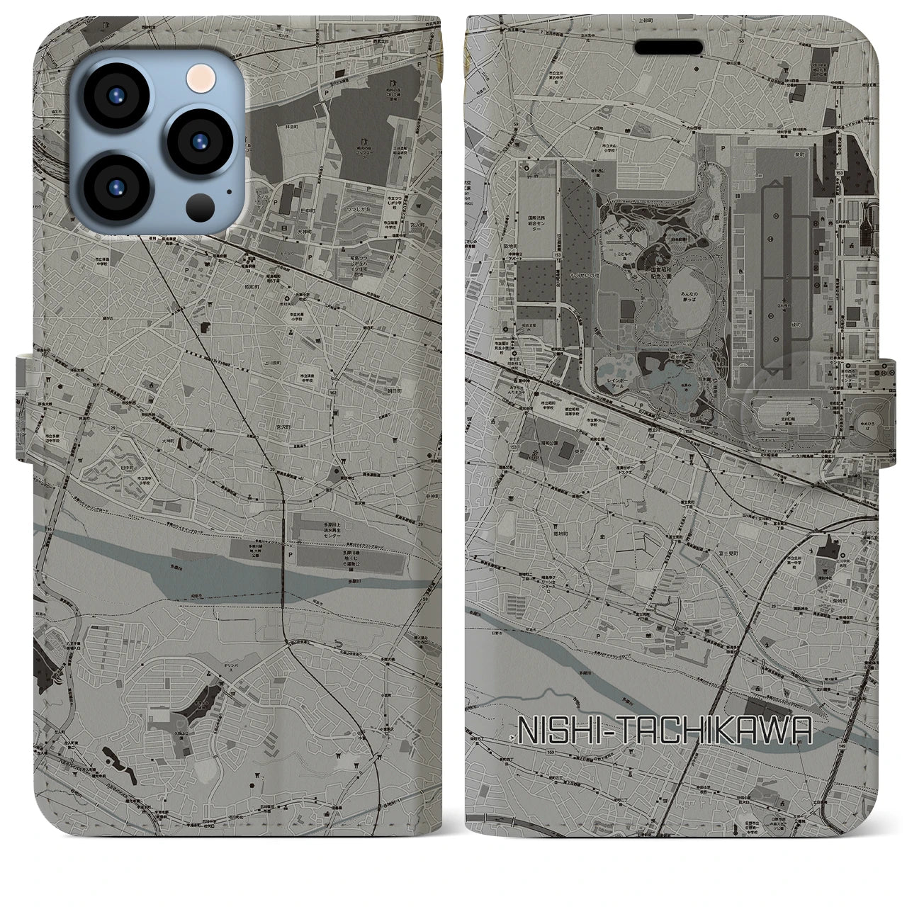 【西立川(東京都)】地図柄iPhoneケース(手帳タイプ)モノトーン・iPhone 13 Pro Max 用