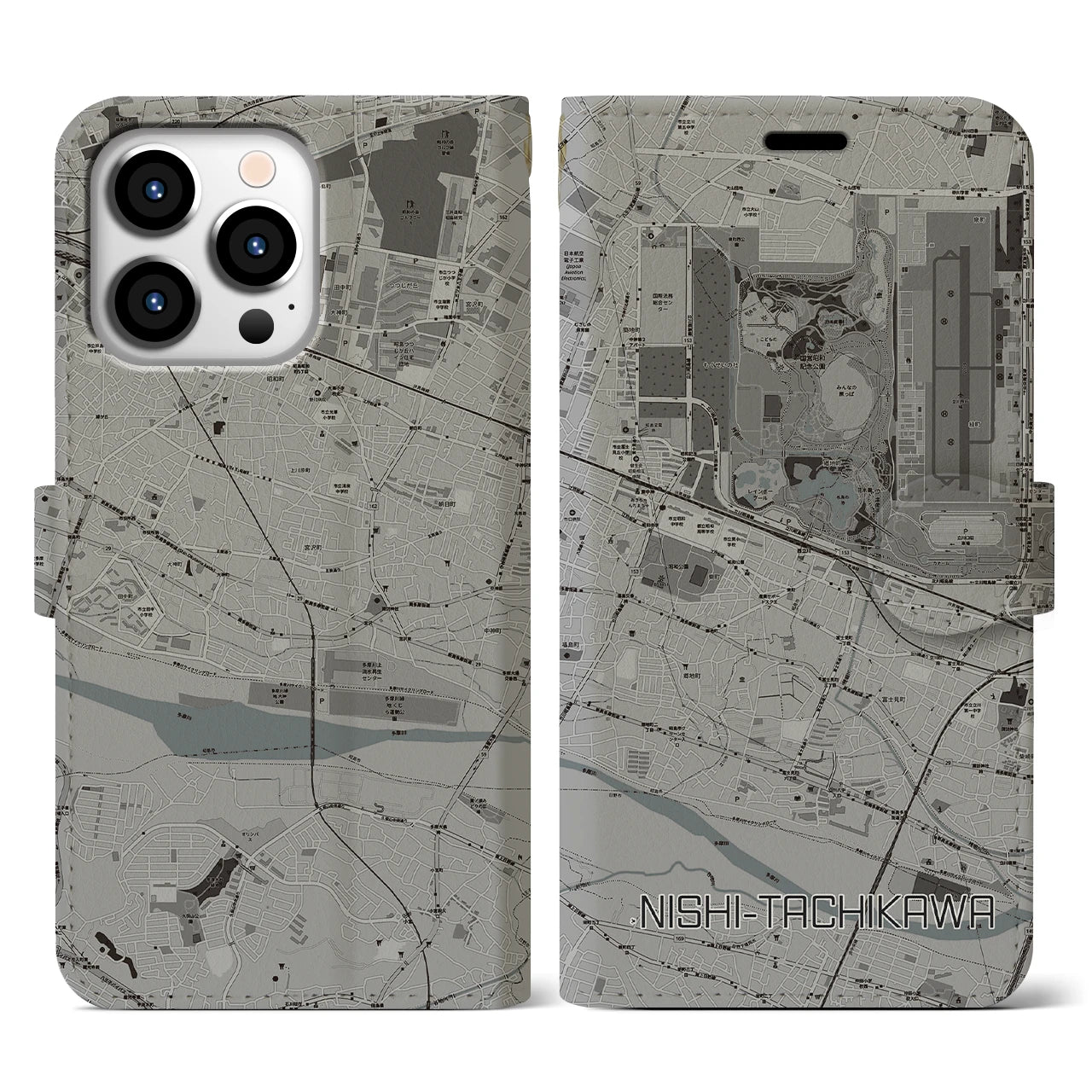 【西立川(東京都)】地図柄iPhoneケース(手帳タイプ)モノトーン・iPhone 13 Pro 用