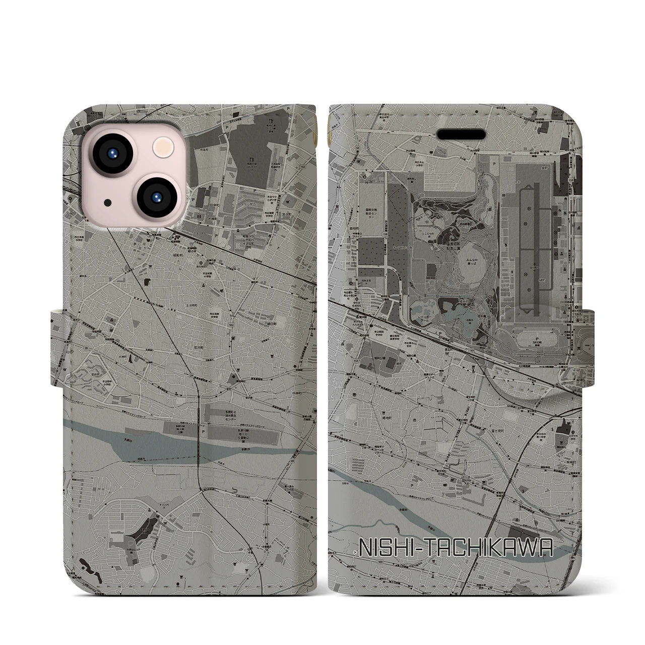 【西立川(東京都)】地図柄iPhoneケース(手帳タイプ)モノトーン・iPhone 13 mini 用