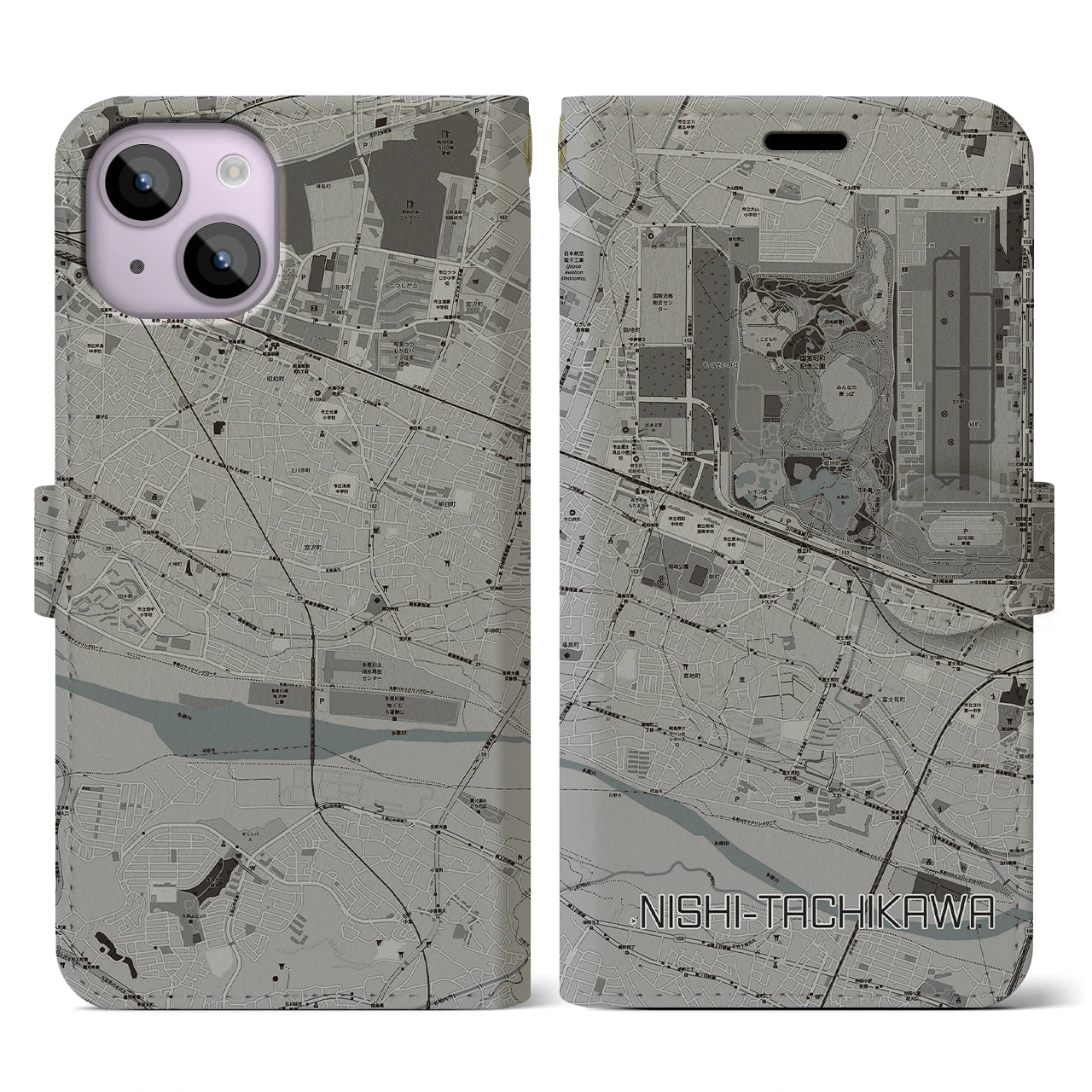【西立川(東京都)】地図柄iPhoneケース(手帳タイプ)モノトーン・iPhone 14 用