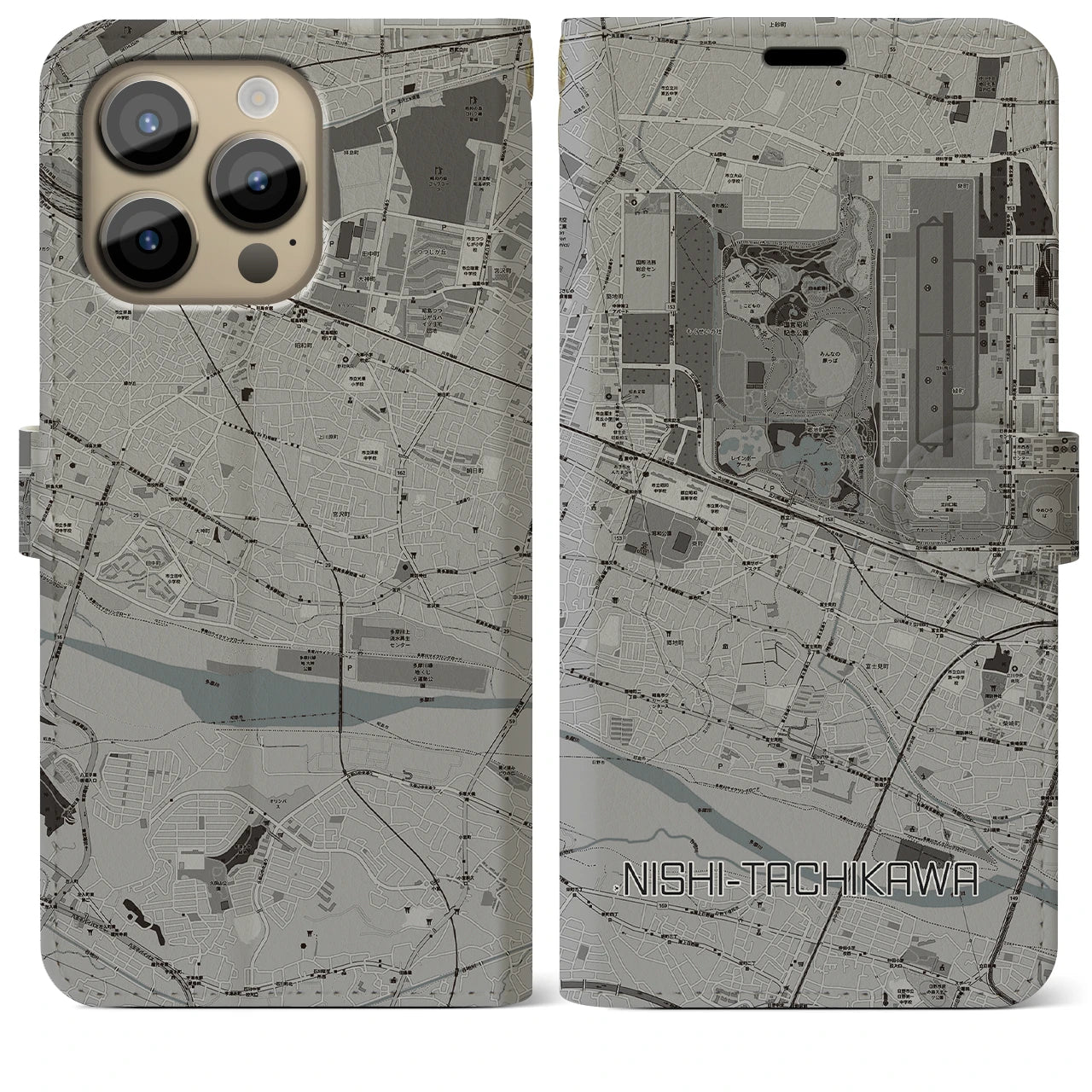 【西立川(東京都)】地図柄iPhoneケース(手帳タイプ)モノトーン・iPhone 14 Pro Max 用