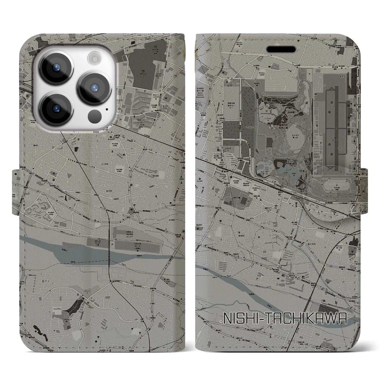 【西立川(東京都)】地図柄iPhoneケース(手帳タイプ)モノトーン・iPhone 14 Pro 用