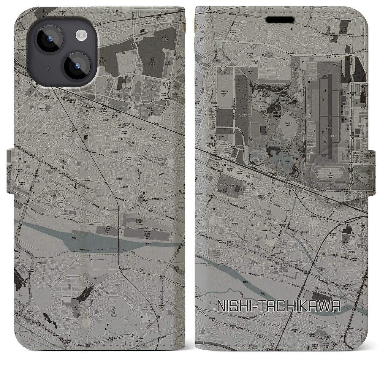 【西立川(東京都)】地図柄iPhoneケース(手帳タイプ)モノトーン・iPhone 14 Plus 用