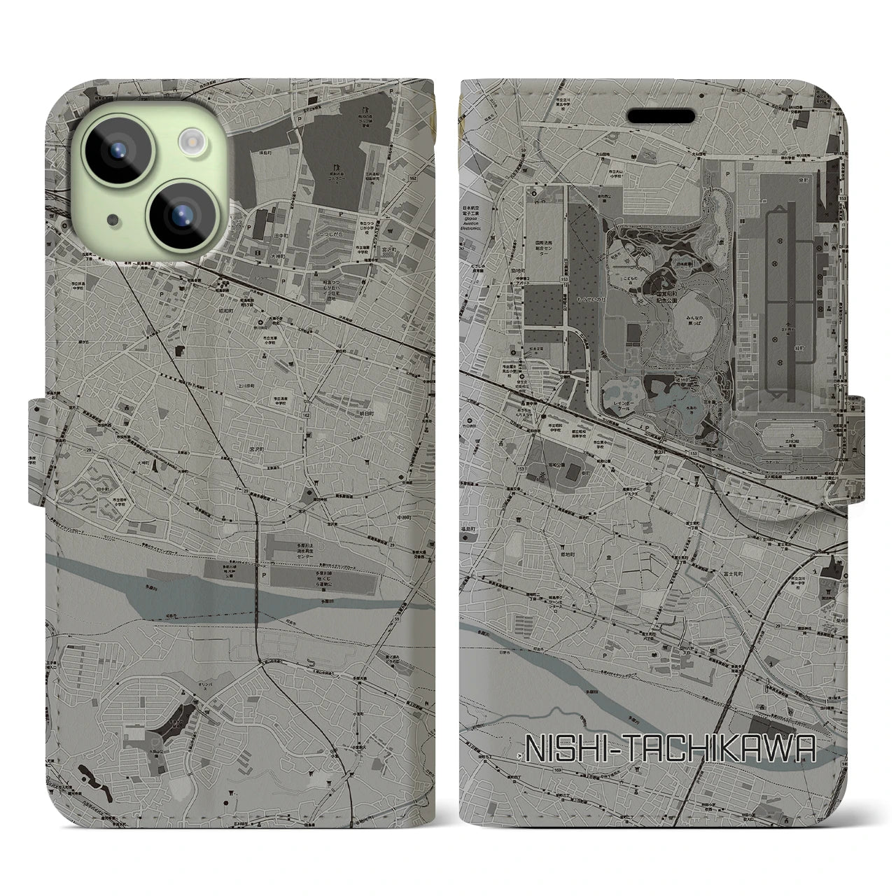 【西立川(東京都)】地図柄iPhoneケース(手帳タイプ)モノトーン・iPhone 15 用