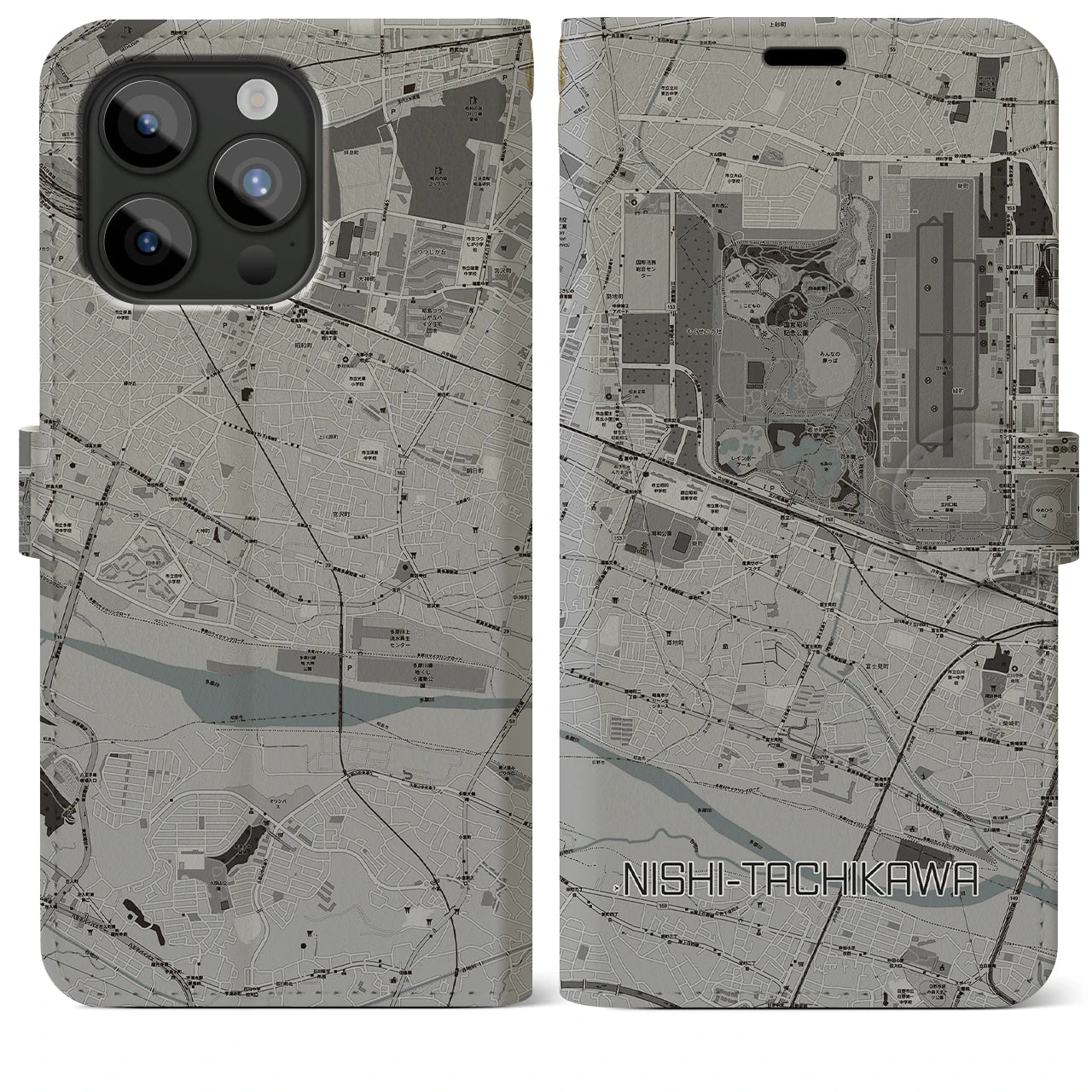 【西立川(東京都)】地図柄iPhoneケース(手帳タイプ)モノトーン・iPhone 15 Pro Max 用