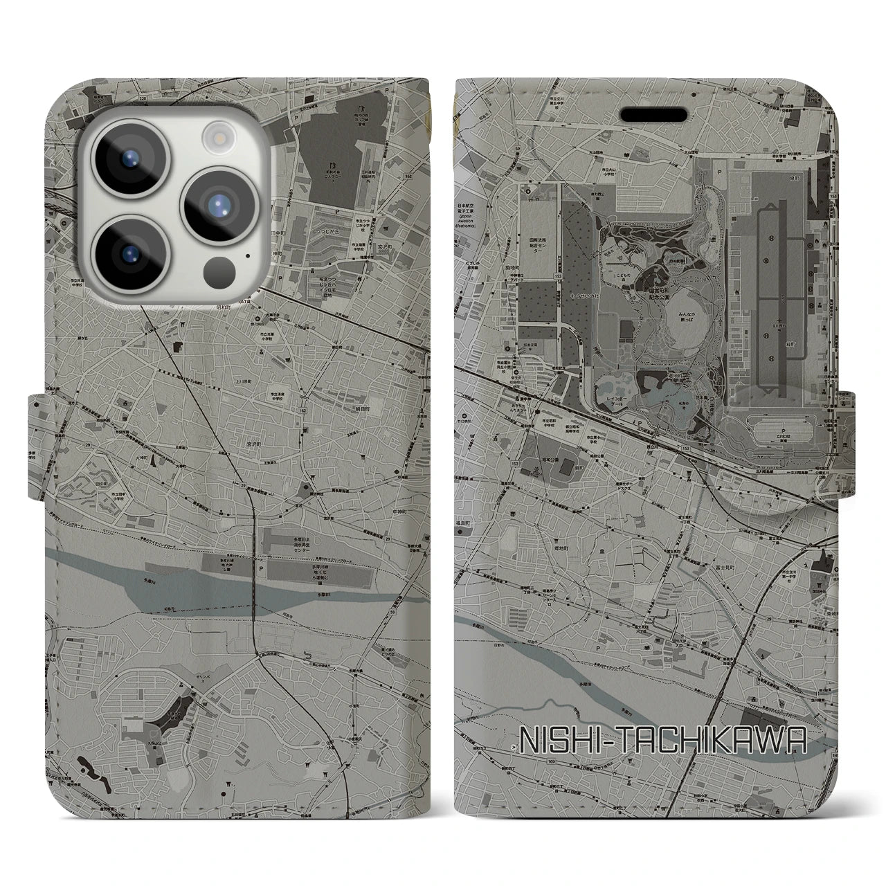 【西立川(東京都)】地図柄iPhoneケース(手帳タイプ)モノトーン・iPhone 15 Pro 用