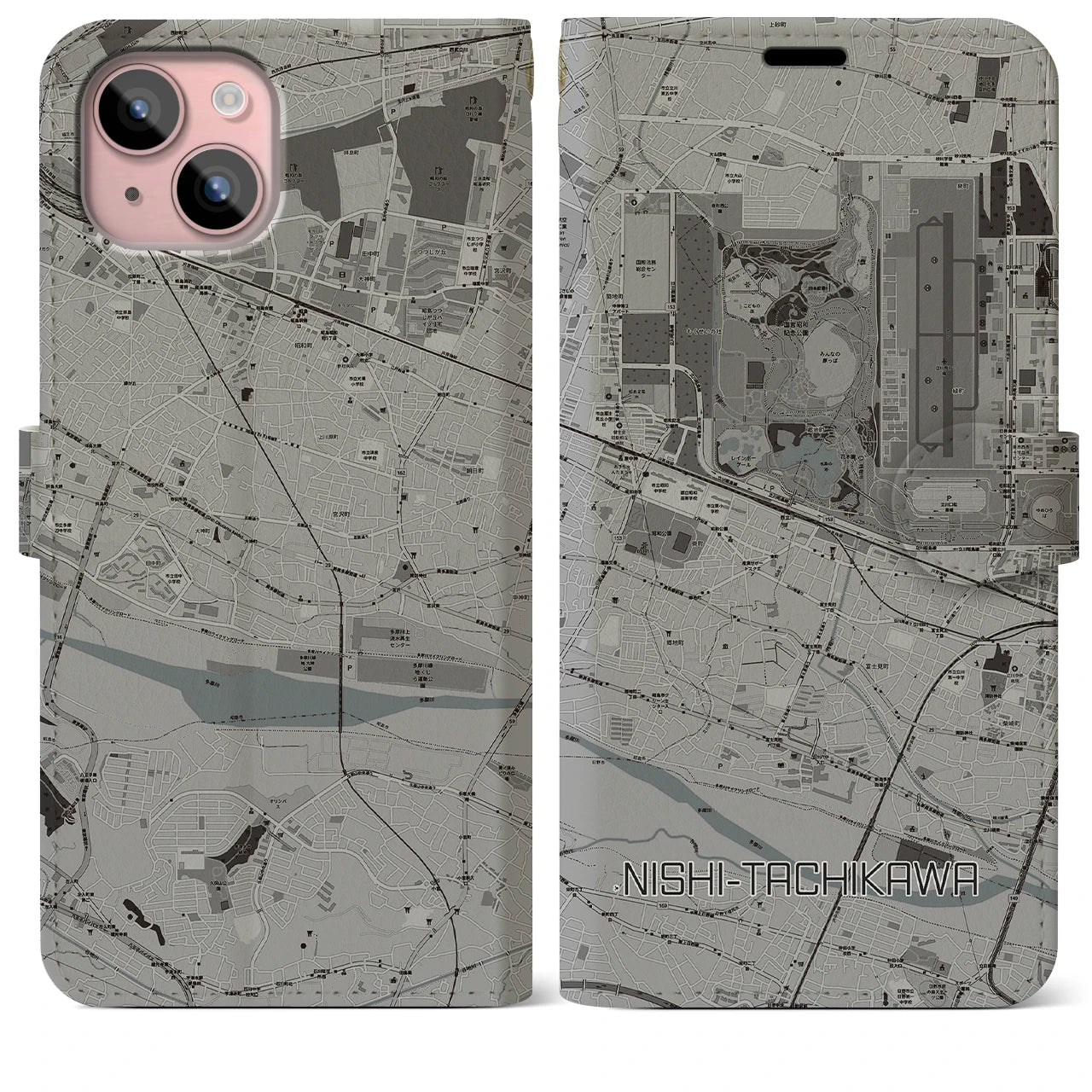 【西立川(東京都)】地図柄iPhoneケース(手帳タイプ)モノトーン・iPhone 15 Plus 用