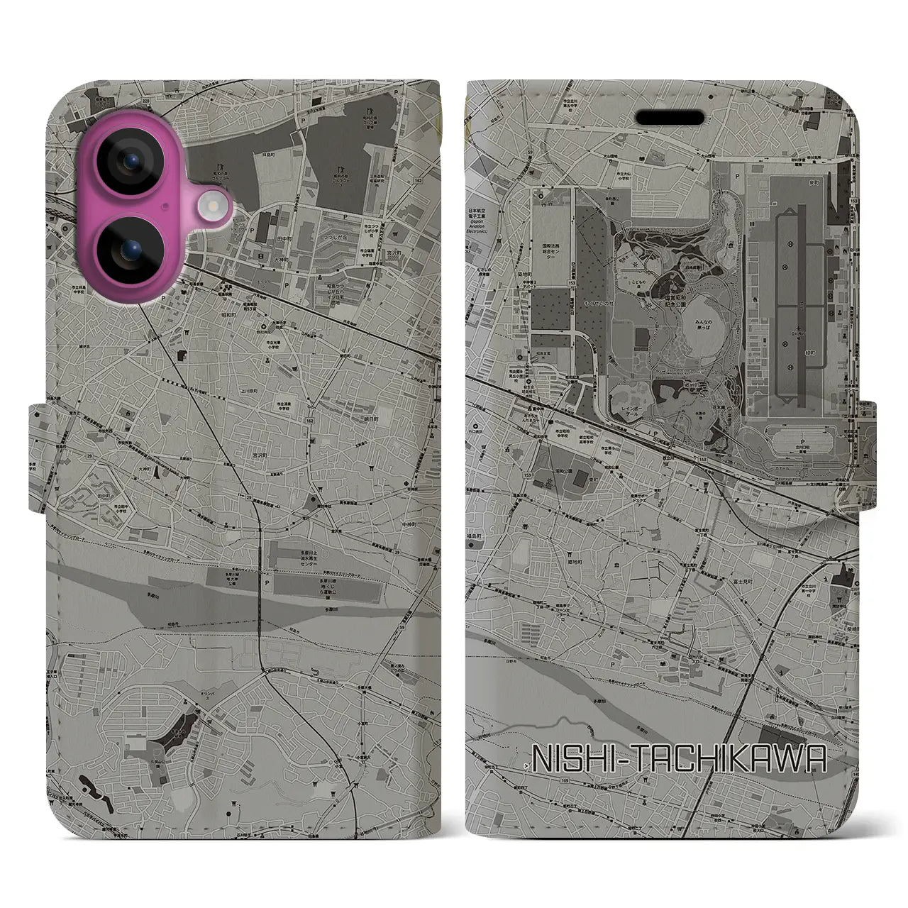 【西立川(東京都)】地図柄iPhoneケース(手帳タイプ)モノトーン・iPhone 16 Pro 用