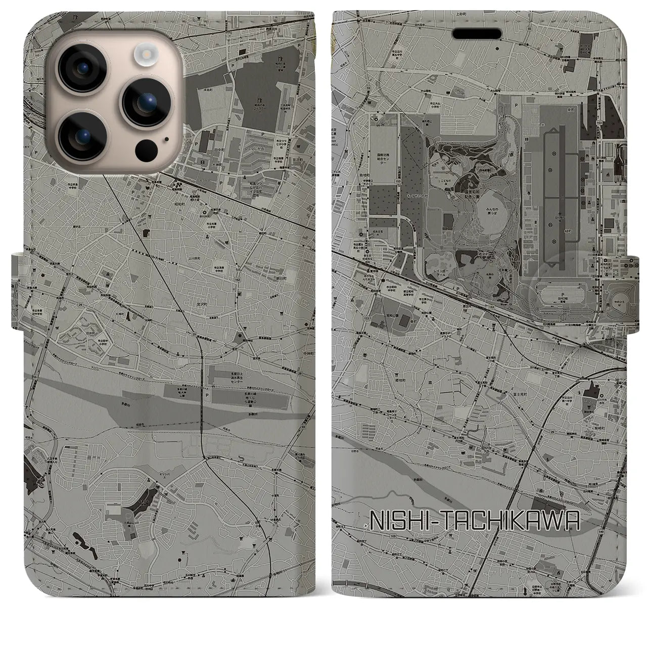 【西立川(東京都)】地図柄iPhoneケース(手帳タイプ)モノトーン・iPhone 16 Plus 用