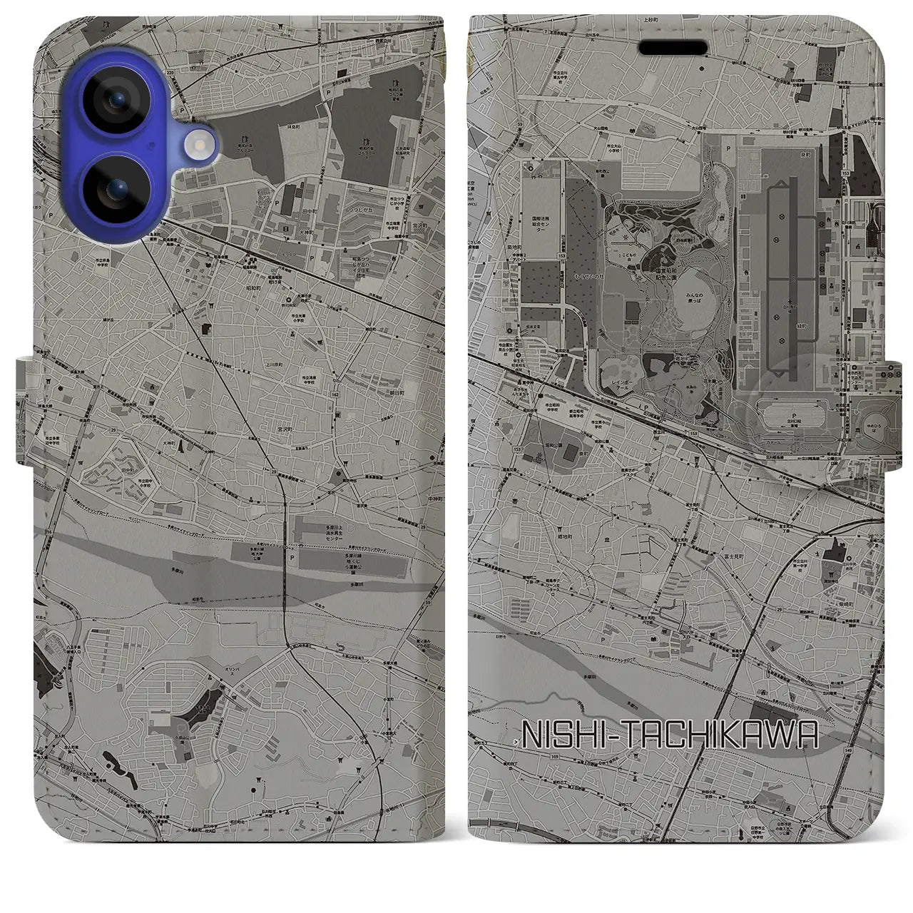 【西立川(東京都)】地図柄iPhoneケース(手帳タイプ)モノトーン・iPhone 16 Pro Max 用