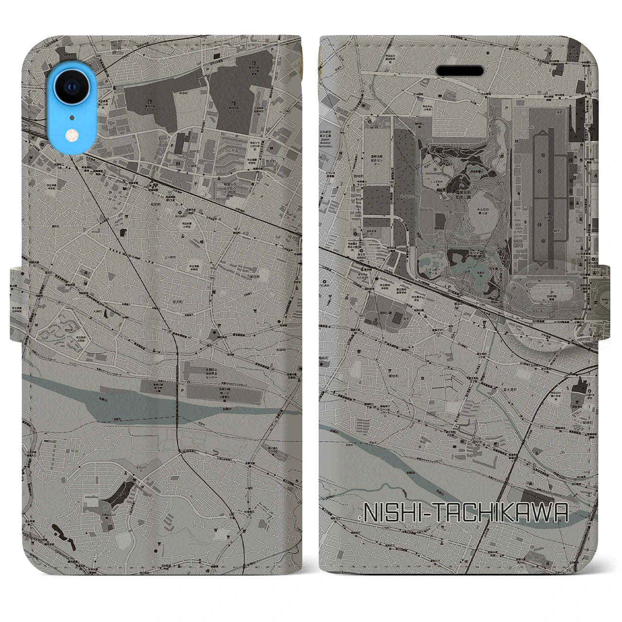 【西立川(東京都)】地図柄iPhoneケース(手帳タイプ)モノトーン・iPhone XR 用