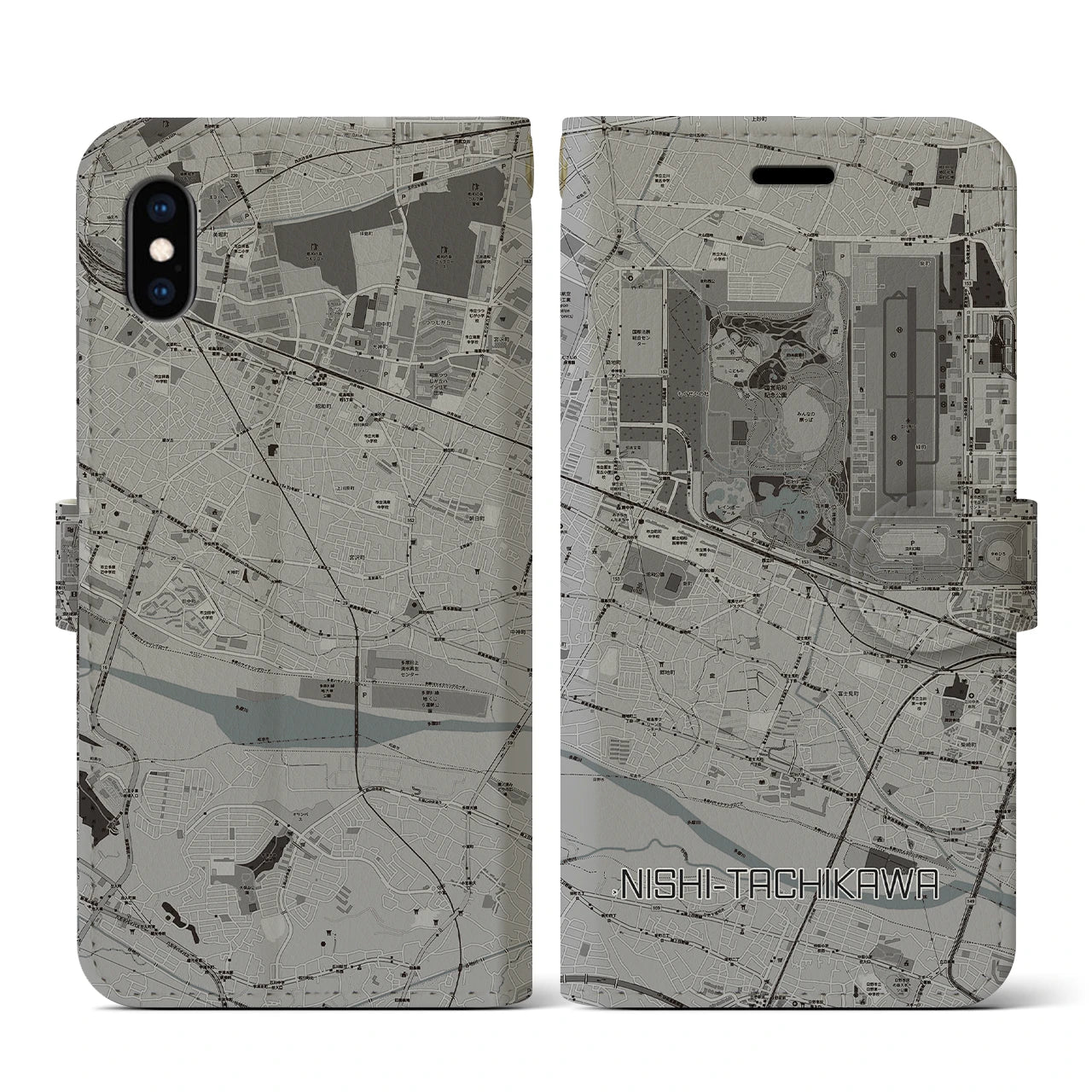 【西立川(東京都)】地図柄iPhoneケース(手帳タイプ)モノトーン・iPhone XS / X 用