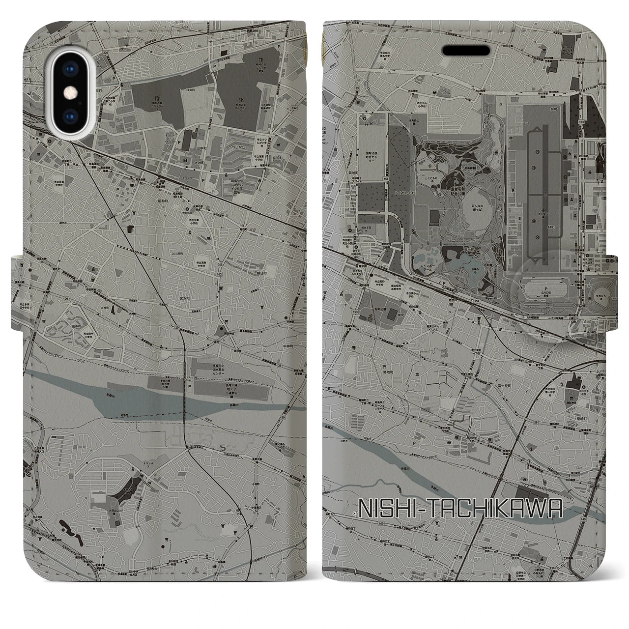 【西立川(東京都)】地図柄iPhoneケース(手帳タイプ)モノトーン・iPhone XS Max 用