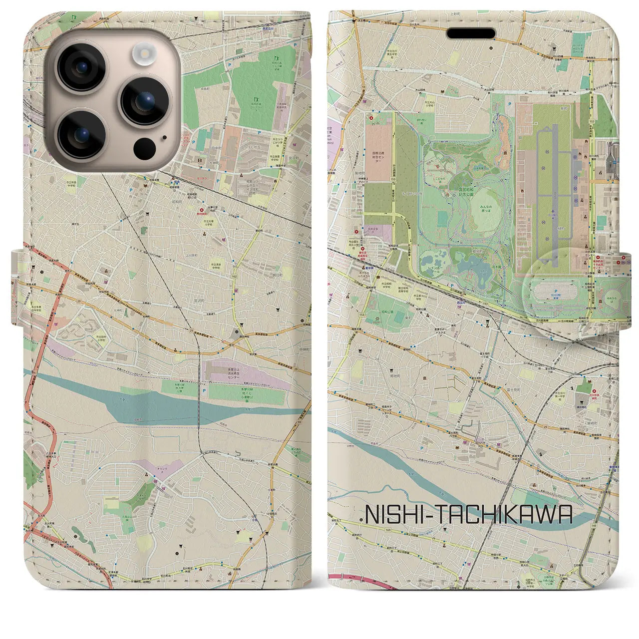 【西立川(東京都)】地図柄iPhoneケース(手帳タイプ)ナチュラル・iPhone 16 Plus 用