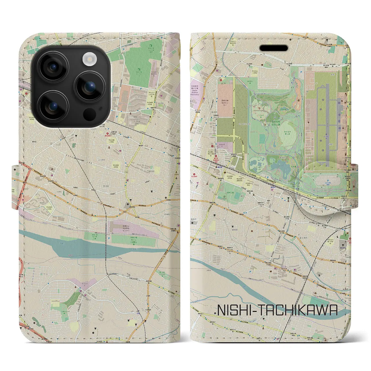 【西立川(東京都)】地図柄iPhoneケース(手帳タイプ)ナチュラル・iPhone 16 用