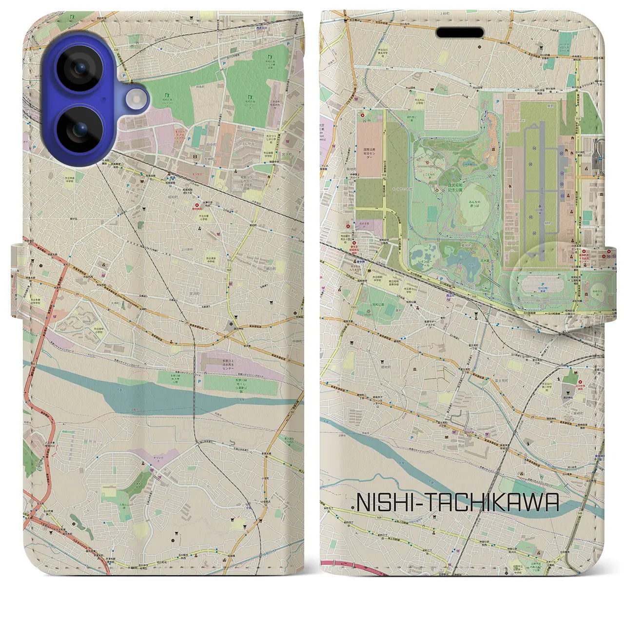 【西立川(東京都)】地図柄iPhoneケース(手帳タイプ)ナチュラル・iPhone 16 Pro Max 用