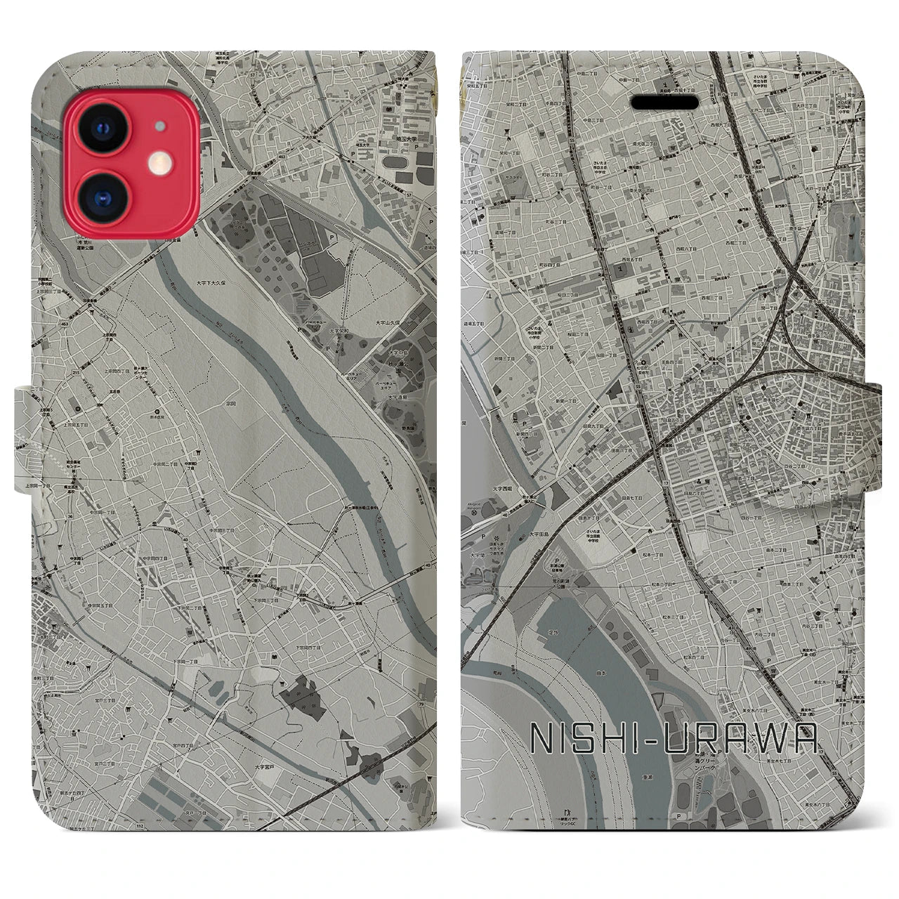 【西浦和(埼玉県)】地図柄iPhoneケース(手帳タイプ)モノトーン・iPhone 11 用