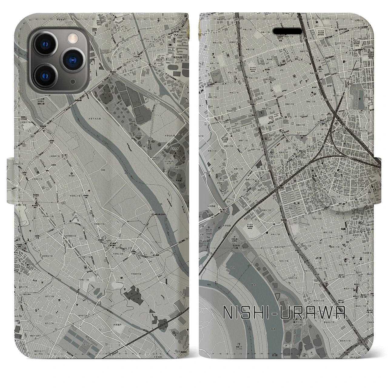 【西浦和(埼玉県)】地図柄iPhoneケース(手帳タイプ)モノトーン・iPhone 11 Pro Max 用