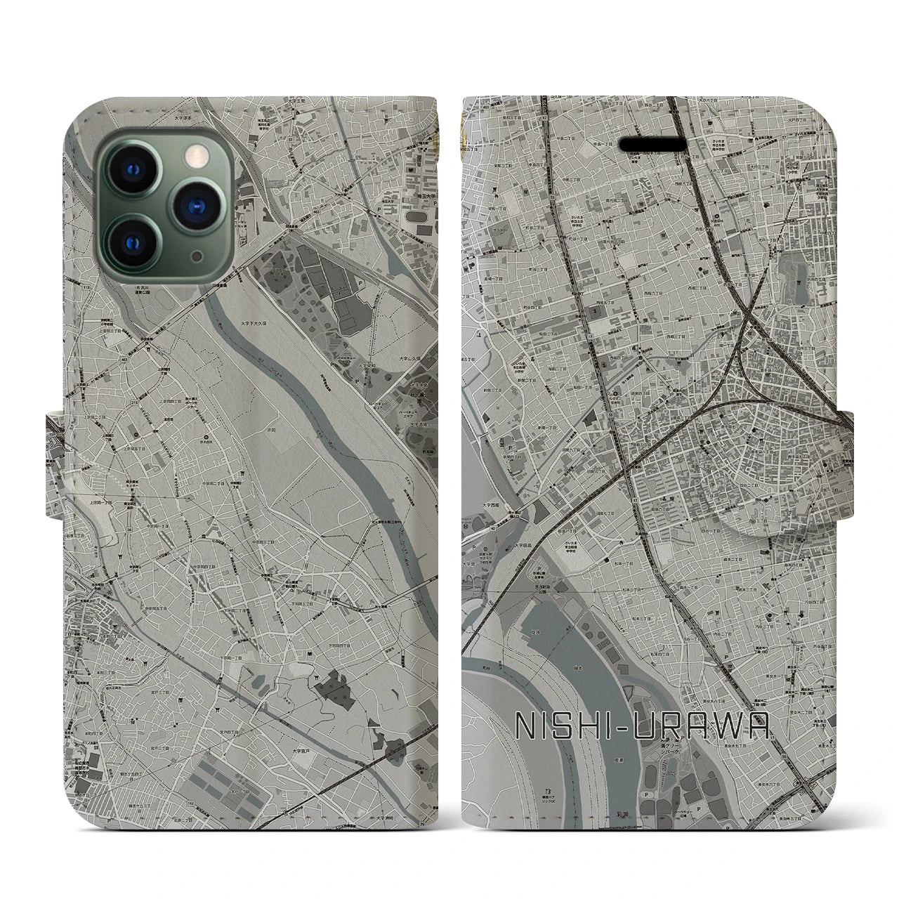 【西浦和(埼玉県)】地図柄iPhoneケース(手帳タイプ)モノトーン・iPhone 11 Pro 用
