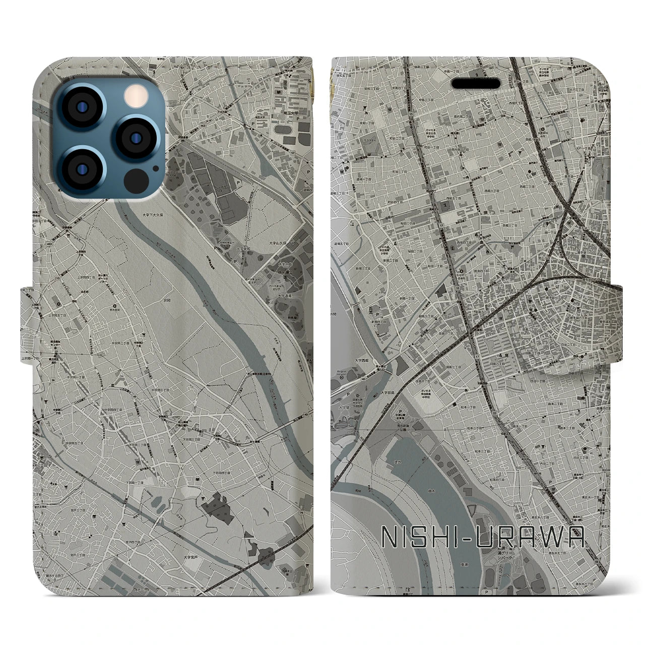 【西浦和(埼玉県)】地図柄iPhoneケース(手帳タイプ)モノトーン・iPhone 12 / 12 Pro 用