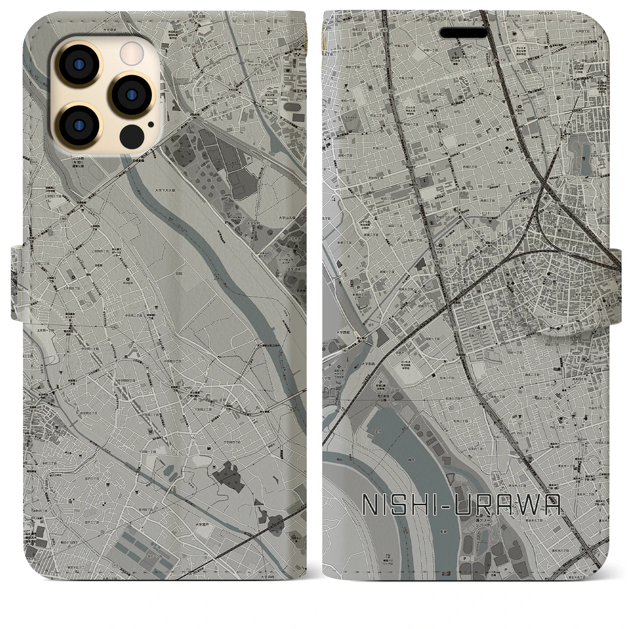【西浦和(埼玉県)】地図柄iPhoneケース(手帳タイプ)モノトーン・iPhone 12 Pro Max 用