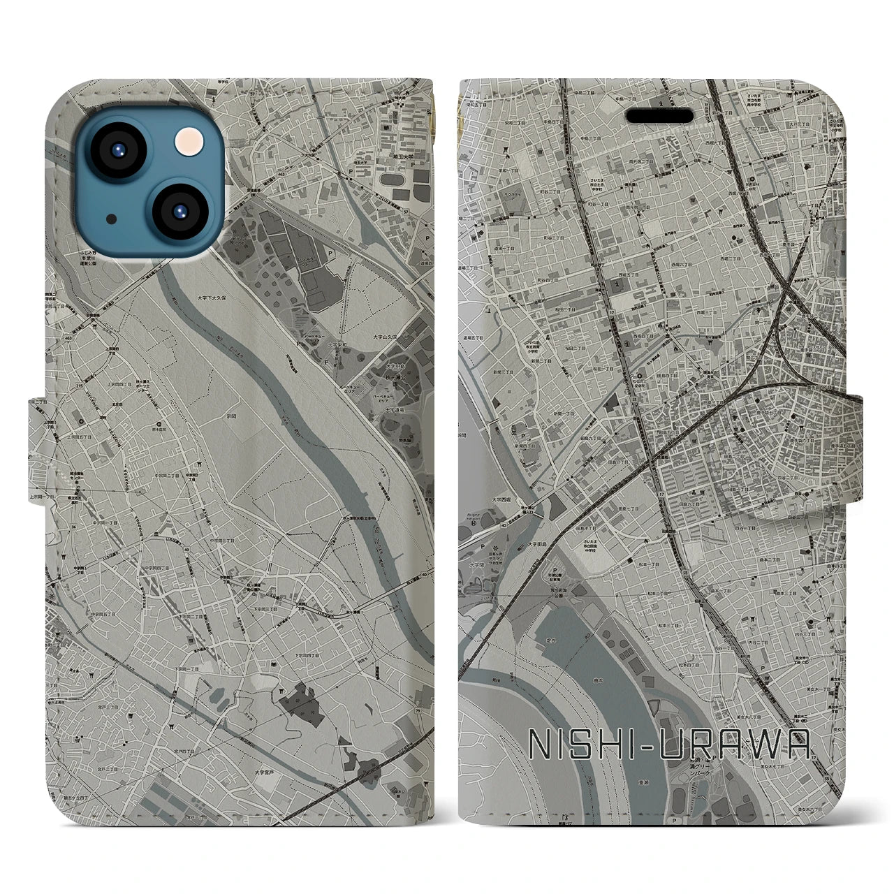 【西浦和(埼玉県)】地図柄iPhoneケース(手帳タイプ)モノトーン・iPhone 13 用