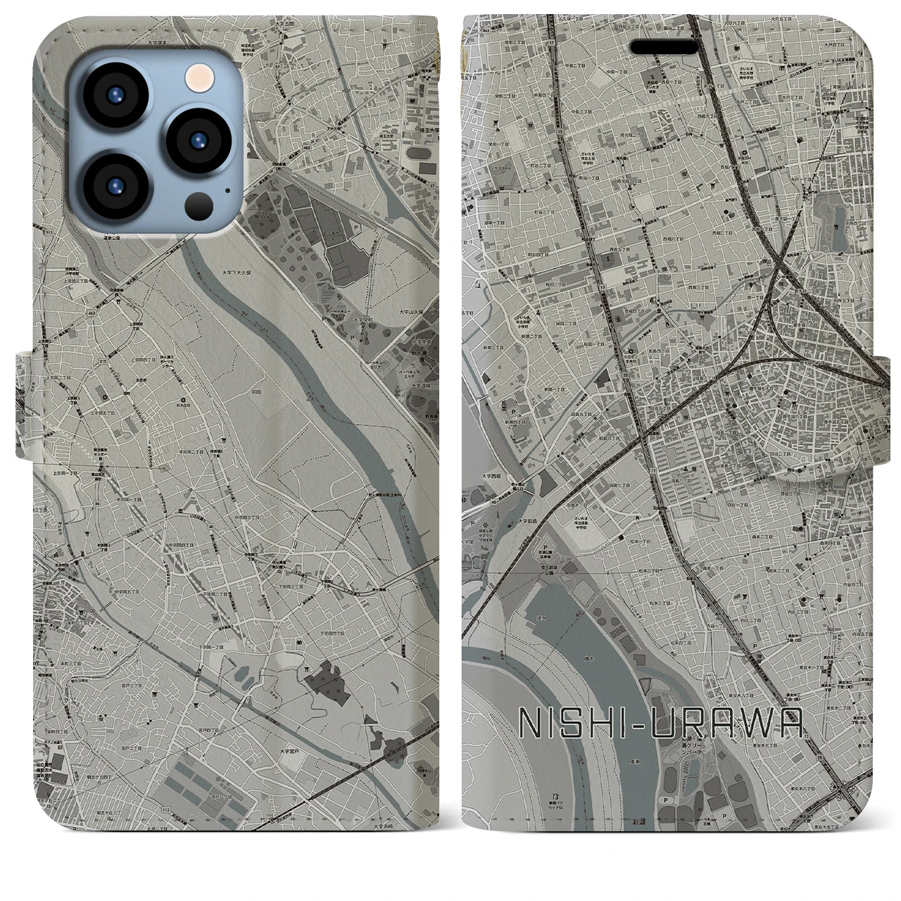 【西浦和(埼玉県)】地図柄iPhoneケース(手帳タイプ)モノトーン・iPhone 13 Pro Max 用
