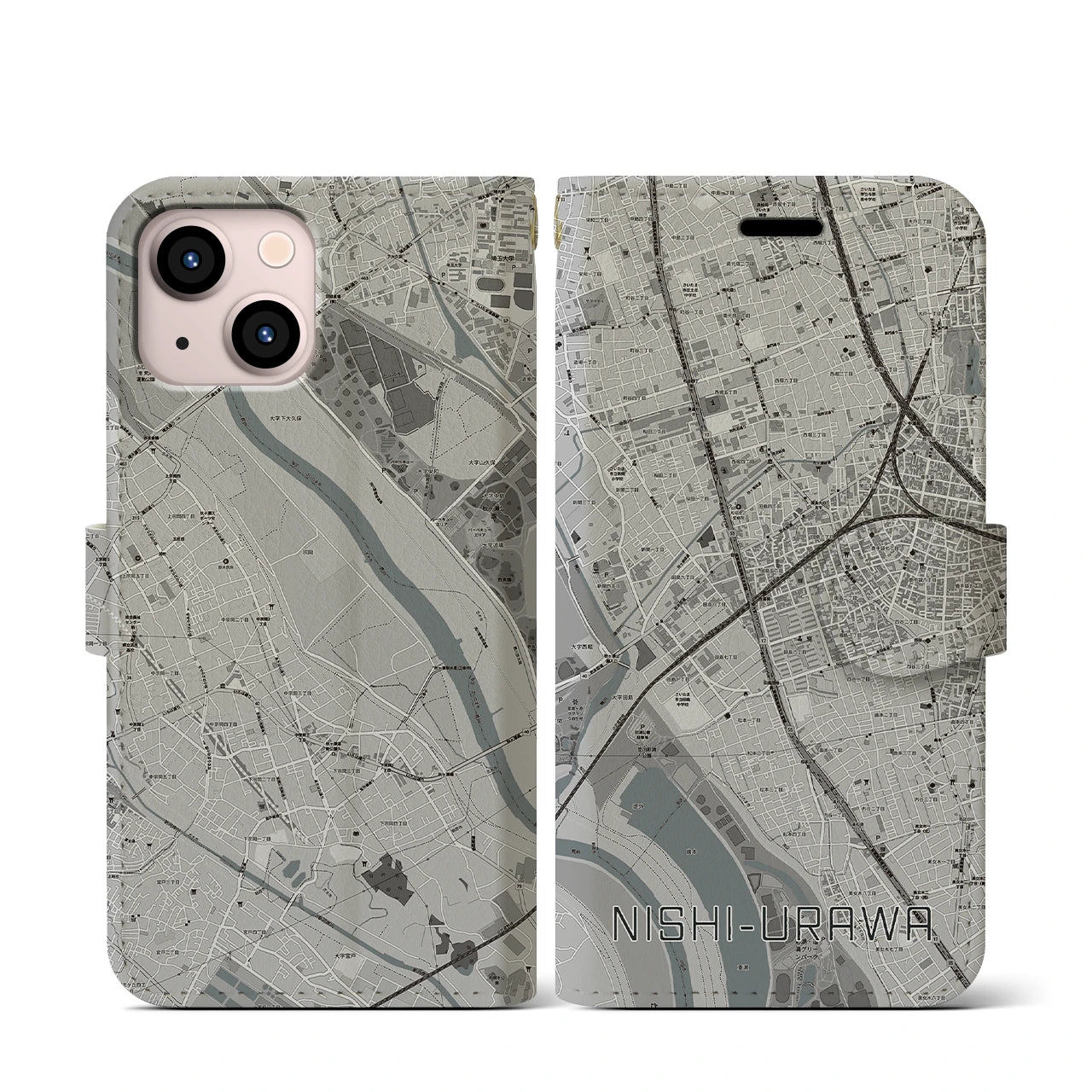 【西浦和(埼玉県)】地図柄iPhoneケース(手帳タイプ)モノトーン・iPhone 13 mini 用