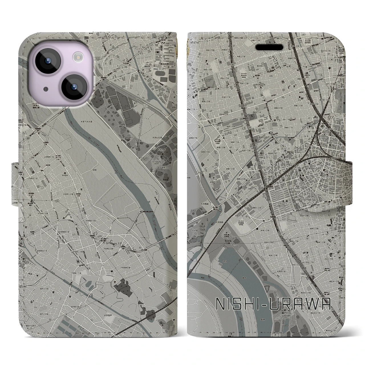 【西浦和(埼玉県)】地図柄iPhoneケース(手帳タイプ)モノトーン・iPhone 14 用