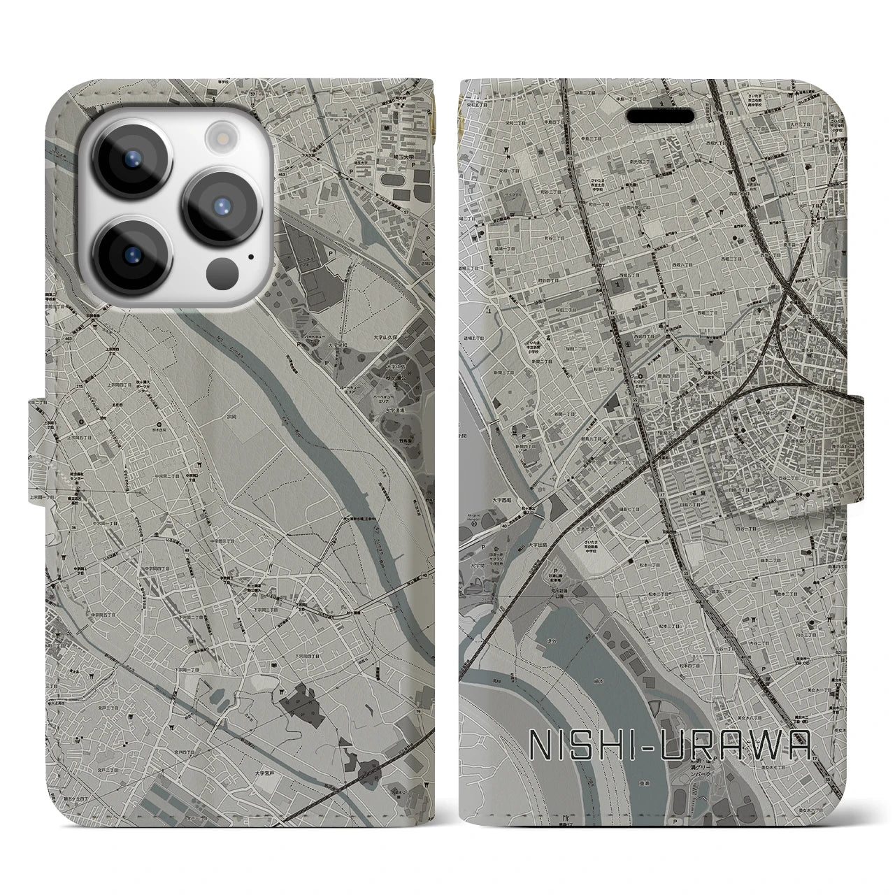 【西浦和(埼玉県)】地図柄iPhoneケース(手帳タイプ)モノトーン・iPhone 14 Pro 用