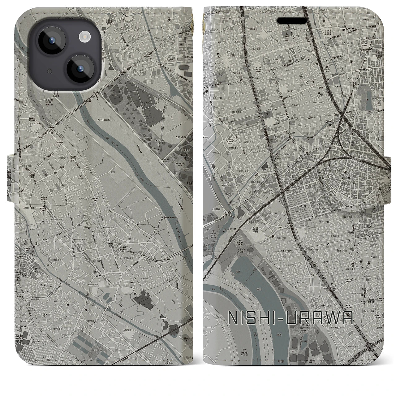 【西浦和(埼玉県)】地図柄iPhoneケース(手帳タイプ)モノトーン・iPhone 14 Plus 用