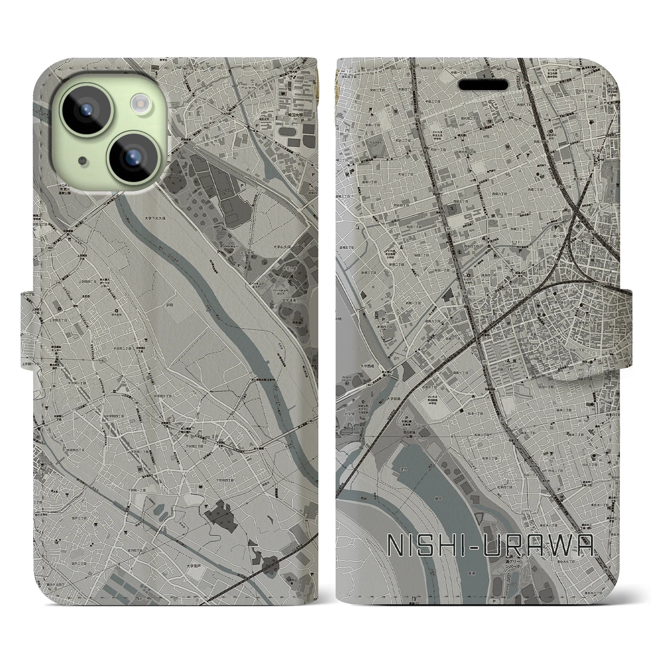 【西浦和(埼玉県)】地図柄iPhoneケース(手帳タイプ)モノトーン・iPhone 15 用