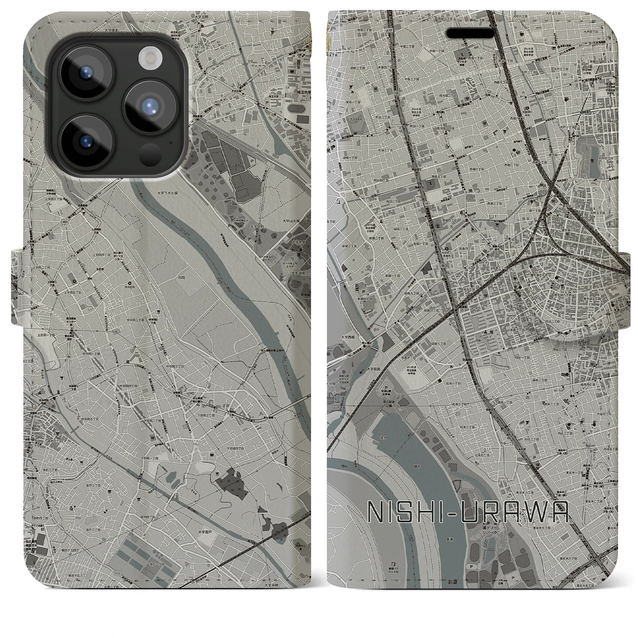 【西浦和(埼玉県)】地図柄iPhoneケース(手帳タイプ)モノトーン・iPhone 15 Pro Max 用