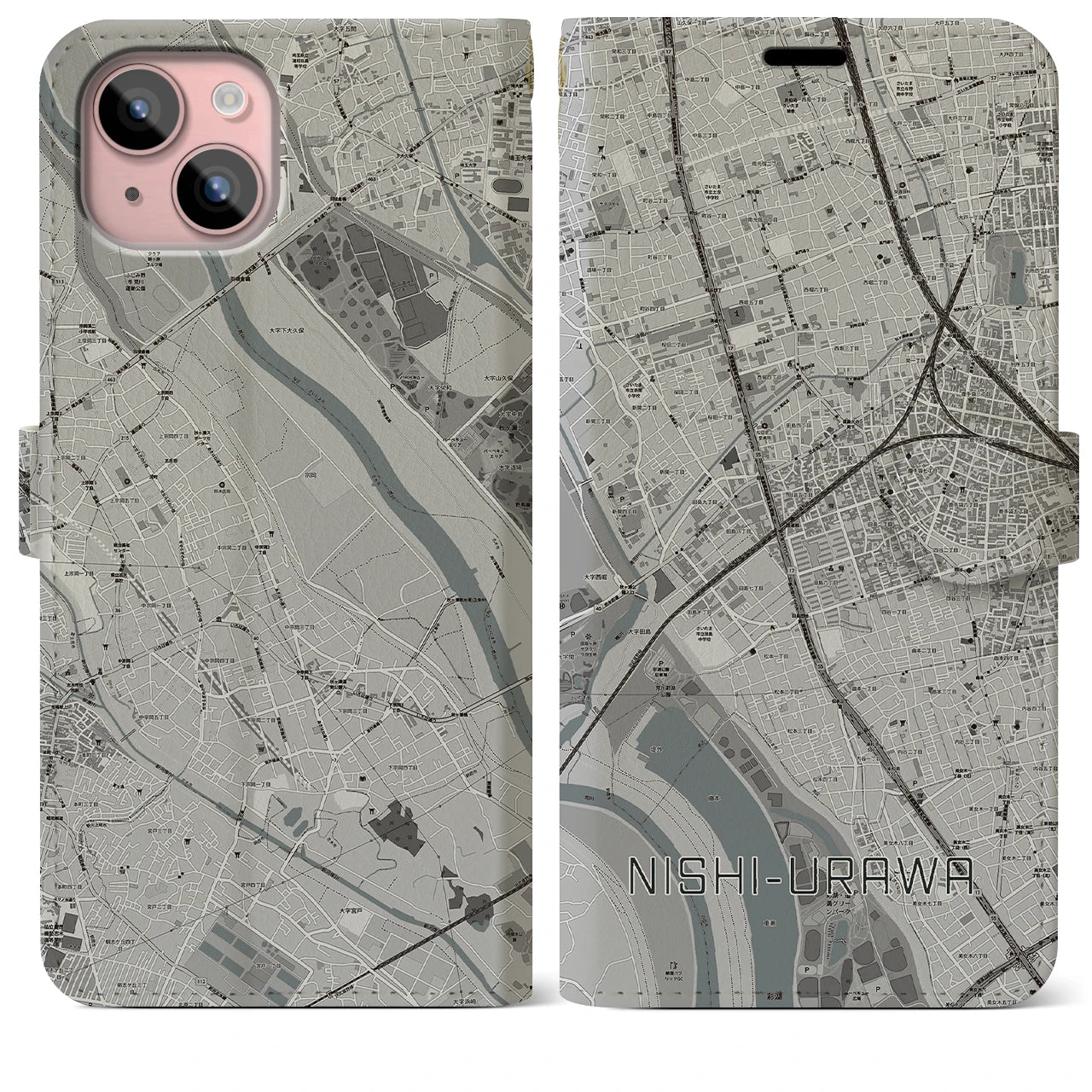 【西浦和(埼玉県)】地図柄iPhoneケース(手帳タイプ)モノトーン・iPhone 15 Plus 用
