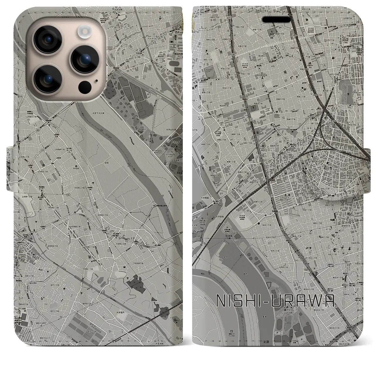 【西浦和(埼玉県)】地図柄iPhoneケース(手帳タイプ)モノトーン・iPhone 16 Plus 用