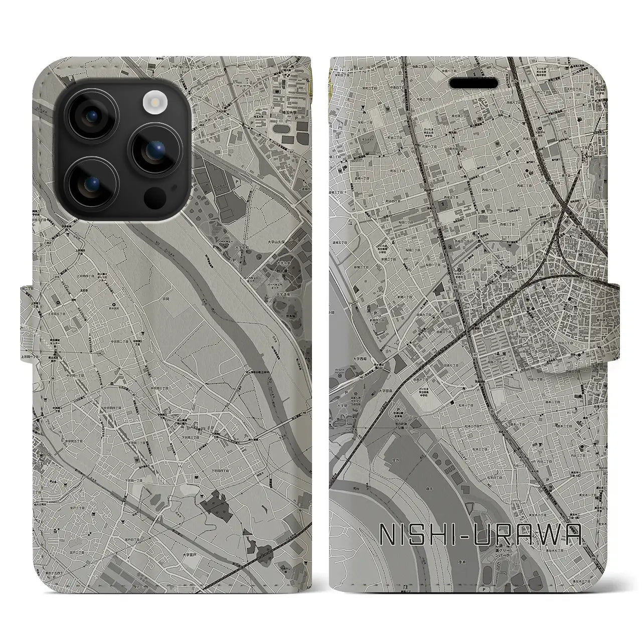 【西浦和(埼玉県)】地図柄iPhoneケース(手帳タイプ)モノトーン・iPhone 16 用